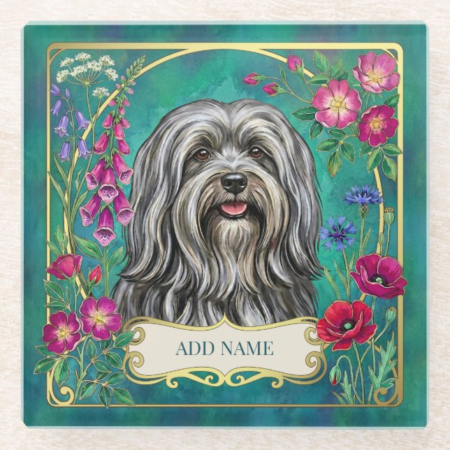 Lhasa Apso Silver Gray Custom Glass Teal Coaster (Front)
