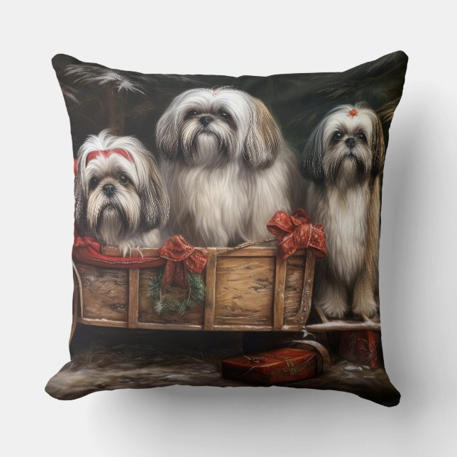 Lhasa Apso Snowy Sleigh Christmas Decor Cushion (Front)
