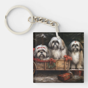 Lhasa Apso Snowy Sleigh Christmas Decor Key Ring