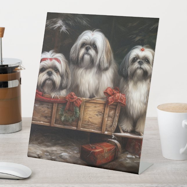 Lhasa Apso Snowy Sleigh Christmas Decor Pedestal Sign (In SItu)