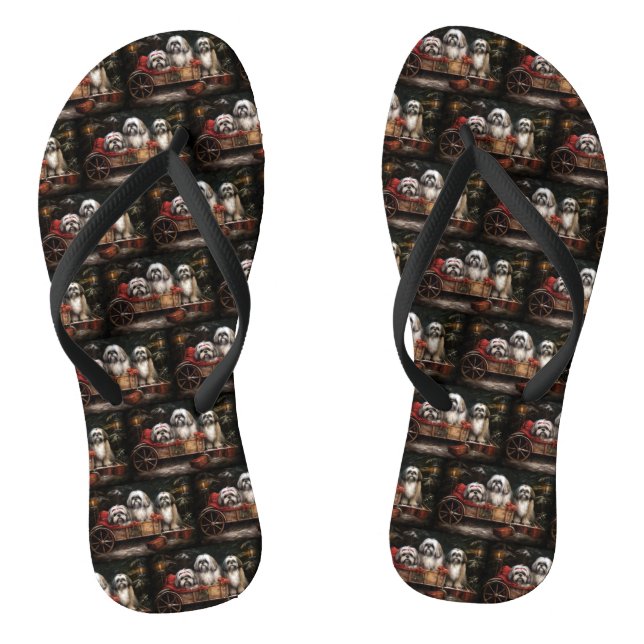 Lhasa Apso Snowy Sleigh Christmas Decor Thongs (Footbed)