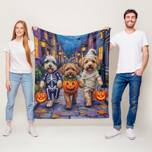 Lhasa Apso Trick-or-Treating In Halloween Costumes Fleece Blanket (In Situ)