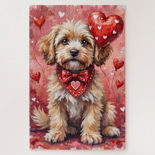 Lhasa Apso Valentine Dog Sitting with Hearts Red Jigsaw Puzzle