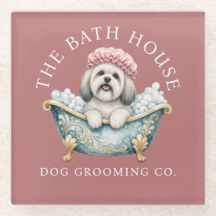 Lhasa Apso White Dog Grooming Glass Coaster - Pink