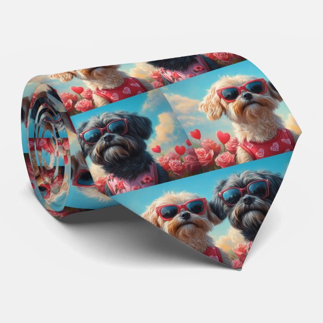 Lhasa Apso with Heart Roses Valentine's Day Tie (Rolled)