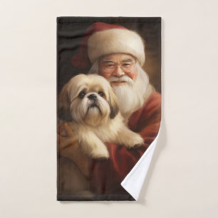Lhasa Apso With Santa Claus Festive Christmas Bath Towel Set