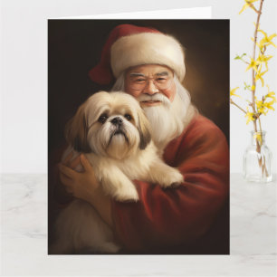 Lhasa Apso With Santa Claus Festive Christmas  Card