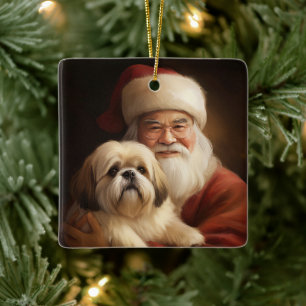 Lhasa Apso With Santa Claus Festive Christmas  Ceramic Ornament