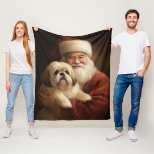 Lhasa Apso With Santa Claus Festive Christmas Fleece Blanket