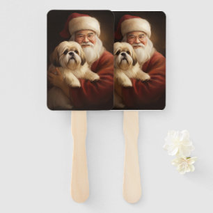 Lhasa Apso With Santa Claus Festive Christmas Hand Fan