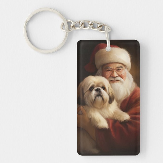 Lhasa Apso With Santa Claus Festive Christmas  Key Ring (Front)