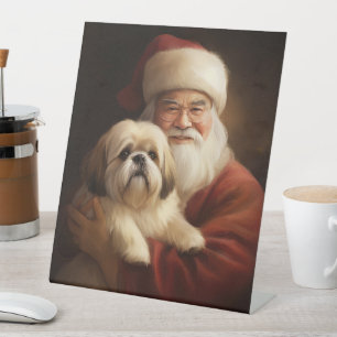 Lhasa Apso With Santa Claus Festive Christmas  Pedestal Sign