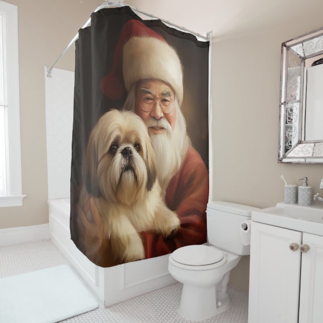 Lhasa Apso With Santa Claus Festive Christmas  Shower Curtain (In Situ)
