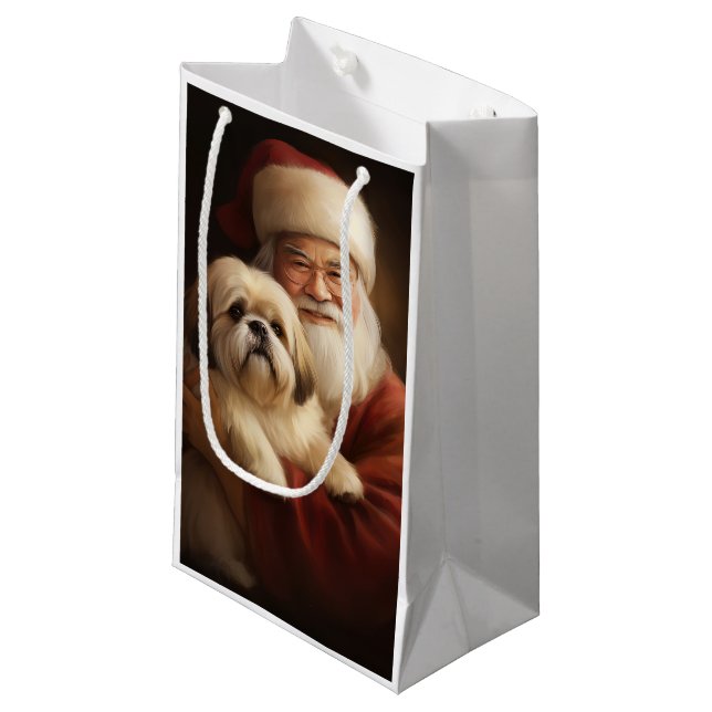 Lhasa Apso With Santa Claus Festive Christmas  Small Gift Bag (Front Angled)