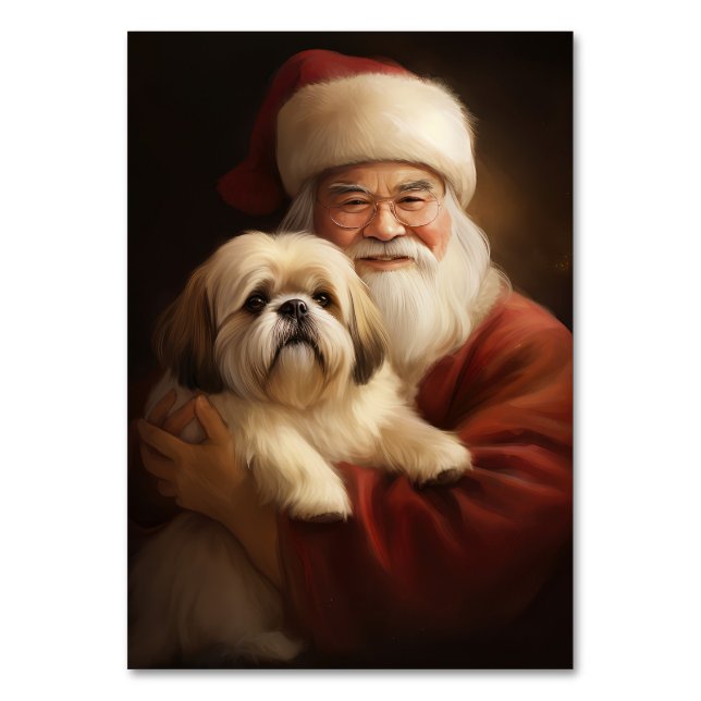 Lhasa Apso With Santa Claus Festive Christmas  Table Number (Front)