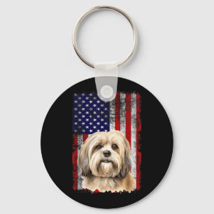 Lhaso Apso Dog Lover US Flag 4th of July Patriotic Key Ring