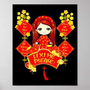 Li Xi Me Vietnamese New Year Red Cute Girl Flowers Poster