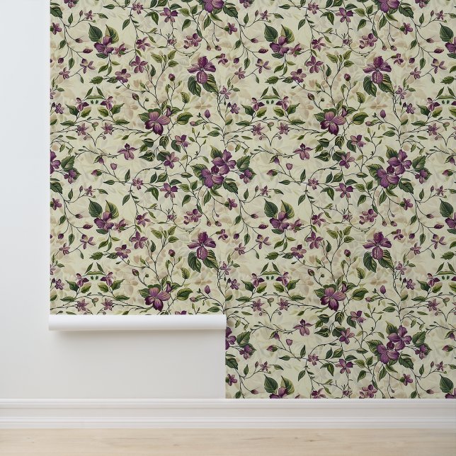 Liana plant pattern with purple Clematis blossom Wallpaper (Application)