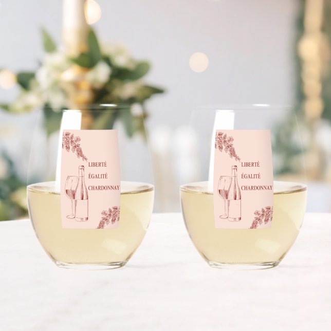 Liberté Égalité Chardonnay Funny Wine Illustration Stemless Wine Glass (Insitu (Wedding))