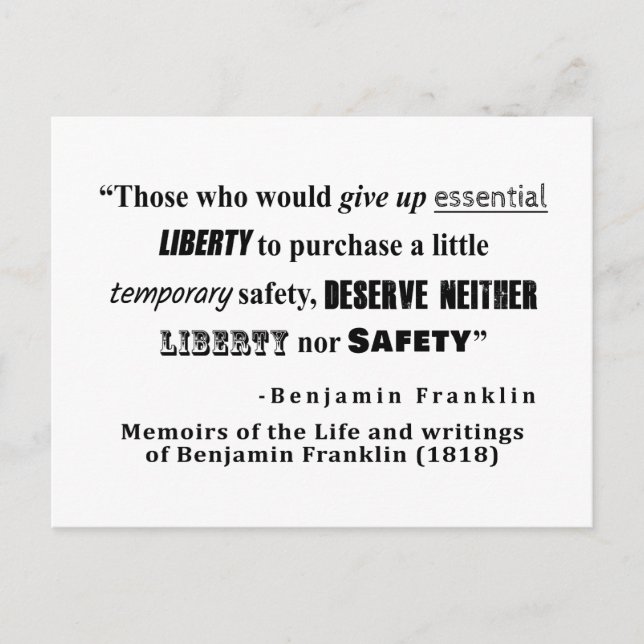 Liberty and Security Benjamin Franklin Quote Postcard (Front)