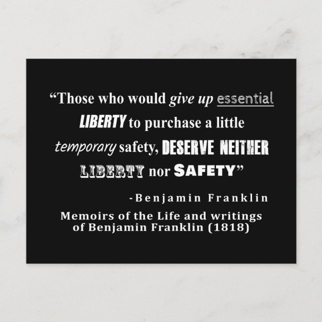 Liberty and Security Benjamin Franklin Quote White Postcard (Front)