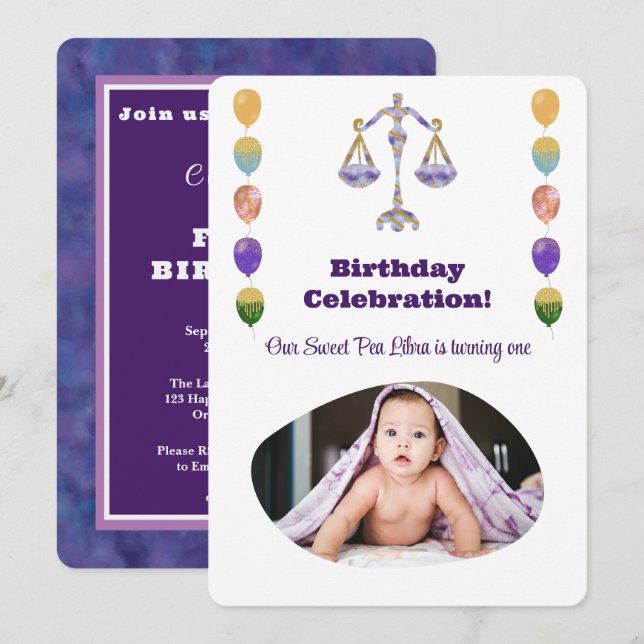 Libra 1st Birthday Photo Impressionist Gold Invitation (Front/Back)