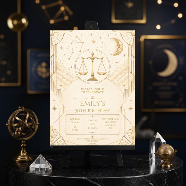 Libra 30th Birthday Invitation | Elegant Celestial (Elegant Libra 30th birthday invitation with celestial Art Deco design for unforgettable zodiac celeb)