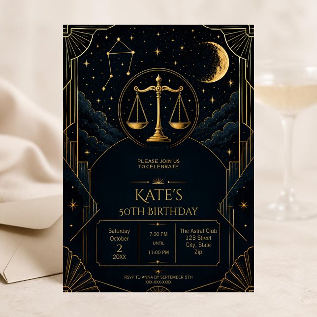 Libra 50th Birthday Invitation | Celestial Gold (Elegant Libra 50th birthday invitation with gold zodiac scales and celestial midnight details.)