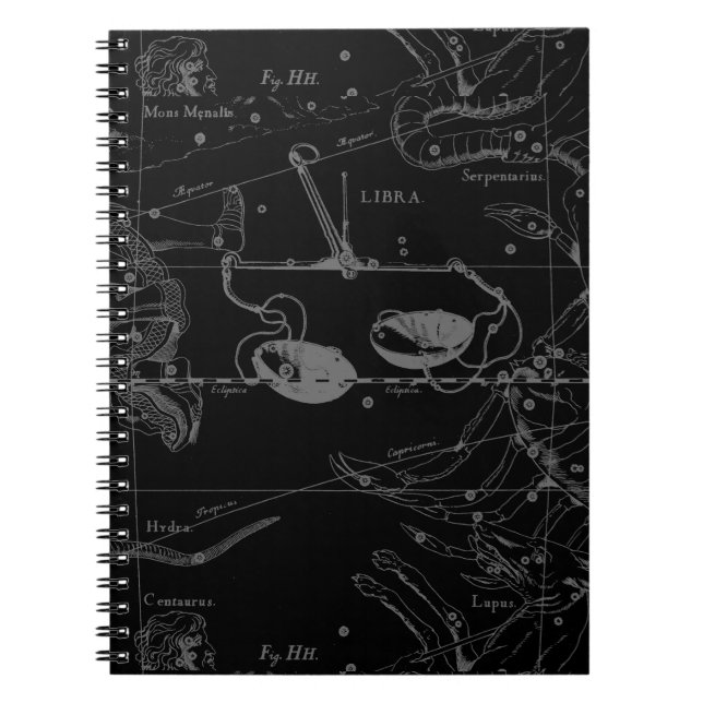 Libra Constellation Hevelius 1690 Map on Black Notebook (Front)