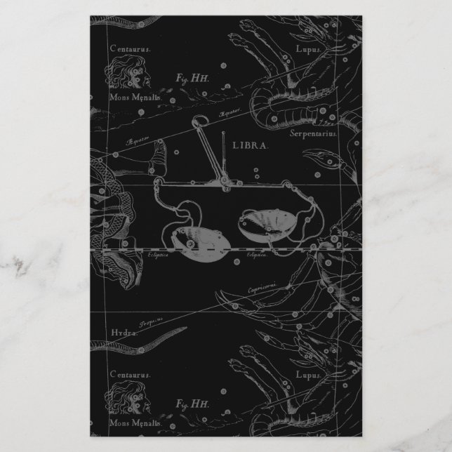 Libra Constellation Hevelius 1690 Map on Black Stationery (Front)