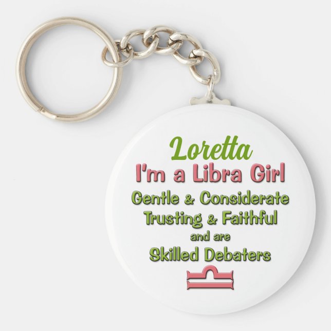 Libra Girl Star Sign Pink and Green Zodiac Key Ring (Front)