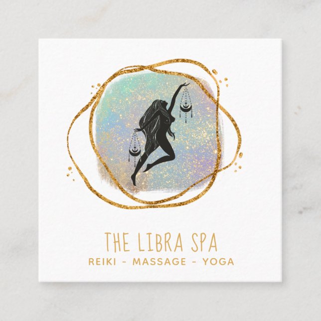 *~* LIBRA Goddess Opal Gold Black Glitter Square Business Card (Front)