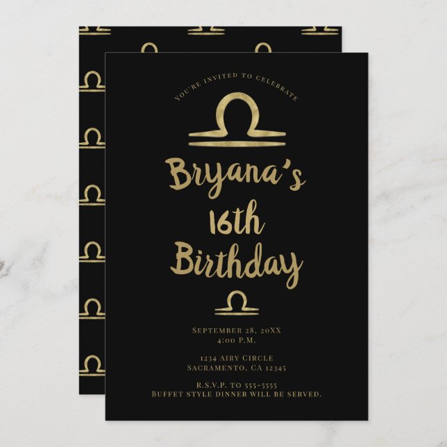 LIBRA Gold September October Birthday Astrology Invitation (Front/Back)