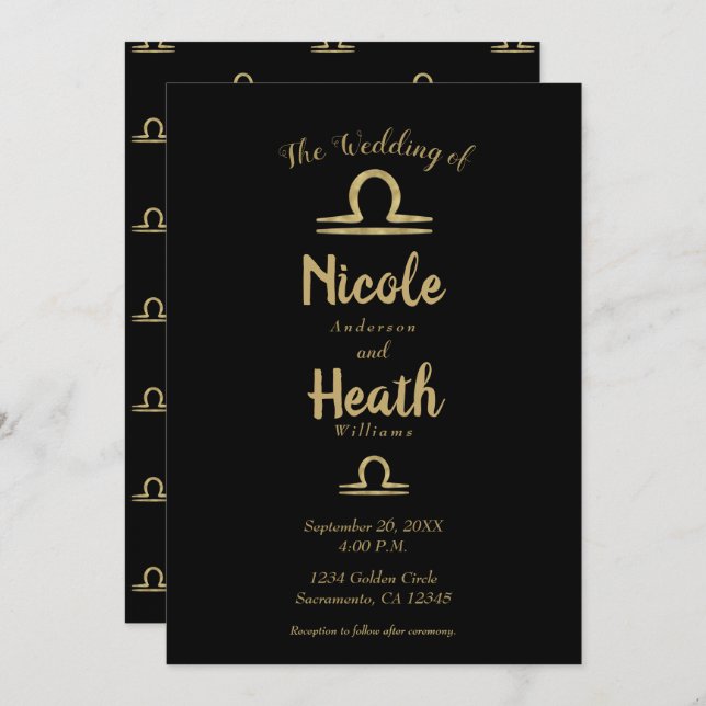 LIBRA Gold Zodiac Astrology Summer Fall Wedding  Invitation (Front/Back)
