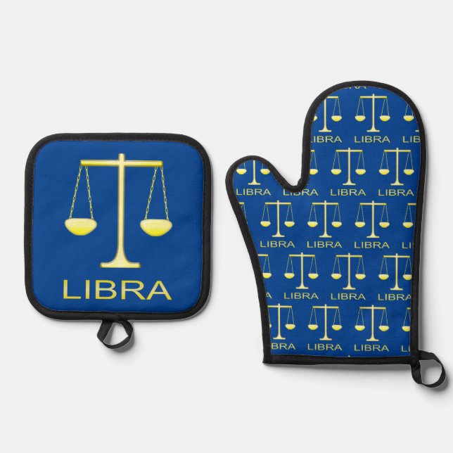 Libra Golden Scales Star Sign Oven Mitt & Pot Holder Set (Front)