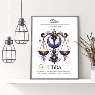 Libra Personalised Elegant Zodiac Watercolor Poster