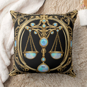 Libra Scales, Opal and Gold Personalised Zodiac Cushion