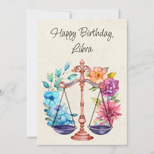 Libra Scales Zodiac Watercolor Birthday Flat Card (Front)