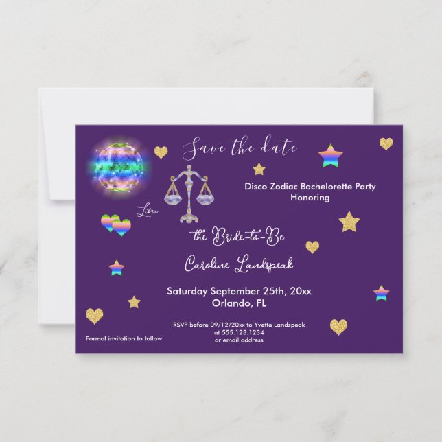 Libra Sign & Disco Ball Bachelorette Party Save The Date (Front)