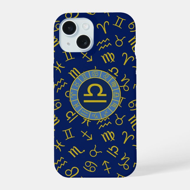 Libra Zodiac+Astrology Symbols Pattern Gold+Blues iPhone 15 Case (Back)