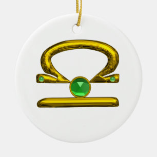 LIBRA ZODIAC BIRTHDAY JEWEL GREEN EMERALD Gold Ceramic Ornament