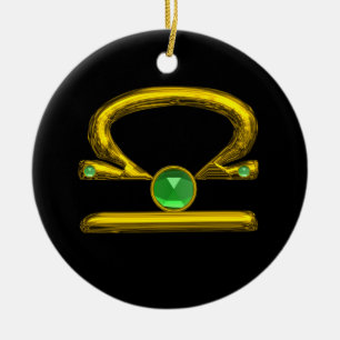 LIBRA ZODIAC BIRTHDAY JEWEL GREEN EMERALD Gold Ceramic Ornament
