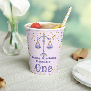 Libra Zodiac First Birthday & Gold Confetti Paper Cups
