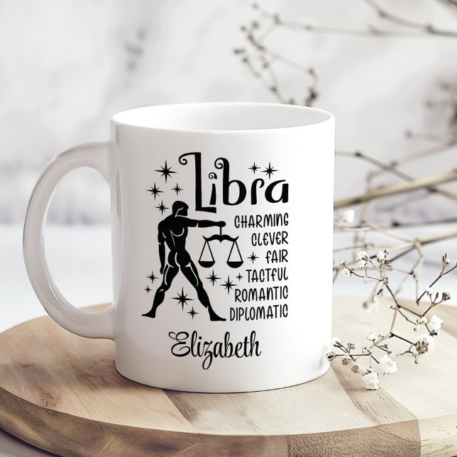 Libra Zodiac Horoscope Custom Name  Coffee Mug (Libra Zodiac Horoscope Custom Name Coffee Mug on a sunny boho wooden table with tiny white flowers)