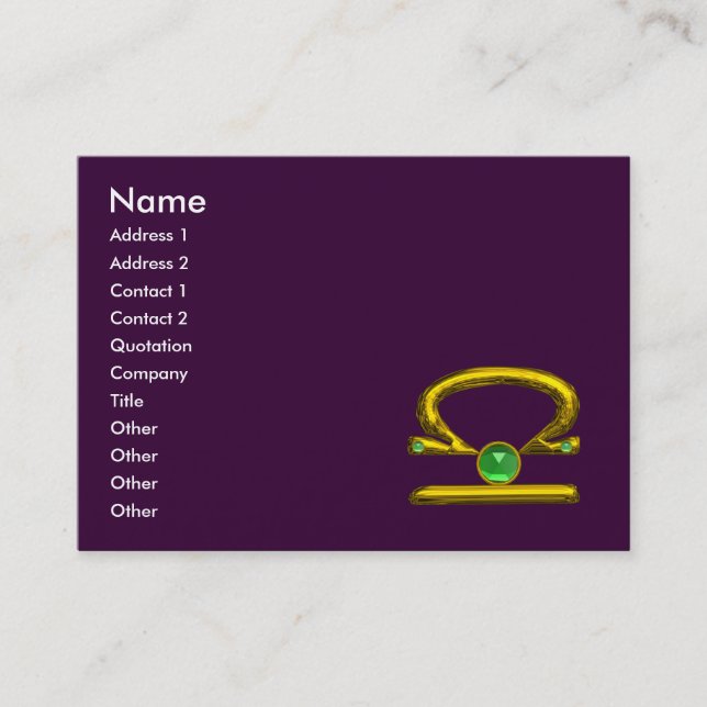 LIBRA  ZODIAC JEWEL Green Emerald & Gold Purple Business Card (Front)