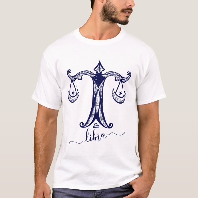 Libra Zodiac Navy Blue Monochrome Graphic T-Shirt (Front)