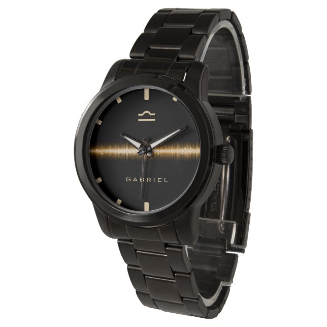 Libra Zodiac Sign Cool Gold Light Line Custom Name Watch (Angled)