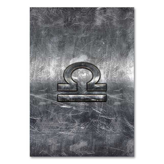 Libra Zodiac Sign in silver grunge steel style Table Number (Front)