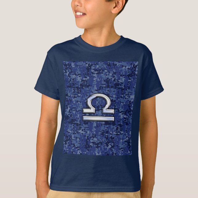 Libra Zodiac Sign on Blue Digital Camouflage T-Shirt (Front)