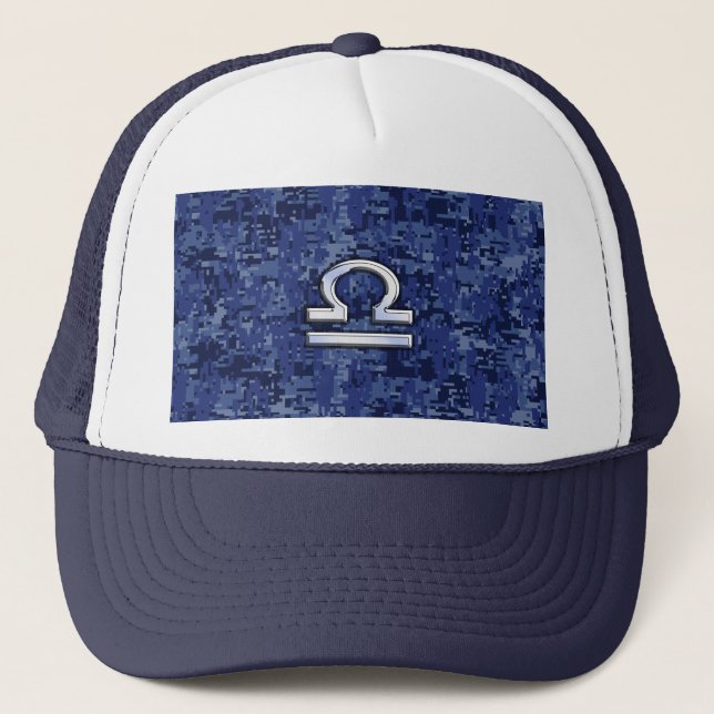 Libra Zodiac Sign on Blue Digital Camouflage Trucker Hat (Front)